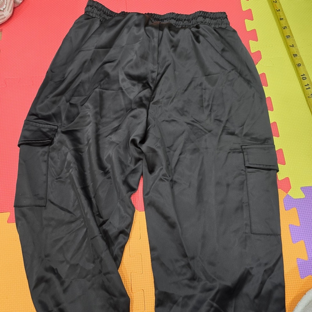 Allegra K Women's Black Satin Cargo JoggerPants Size M Shiny Pockets Tassels
